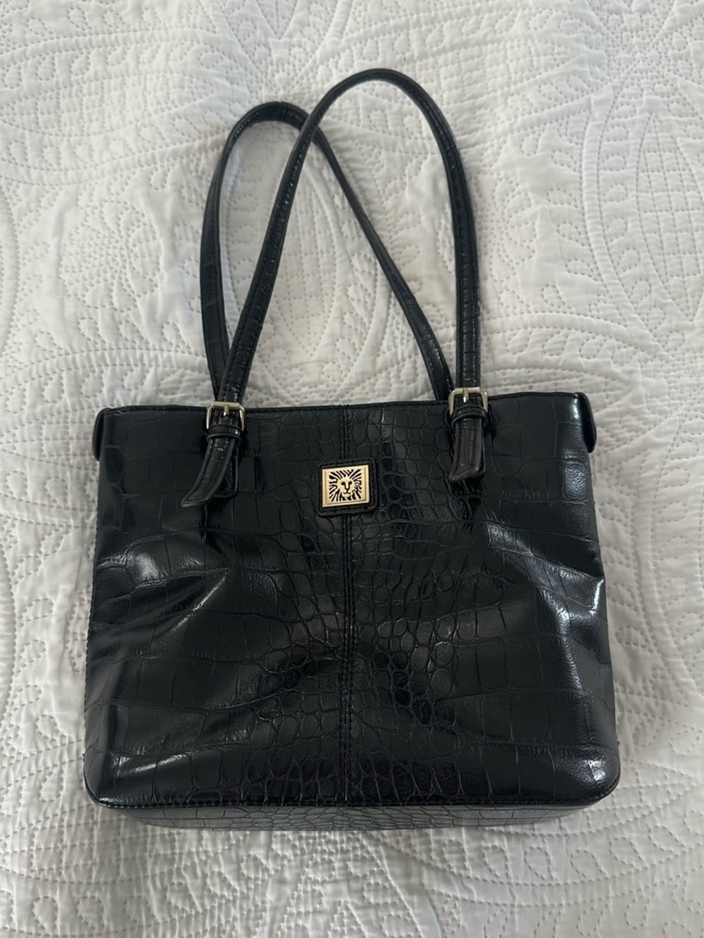 Anne Klein Black Croc-Embossed Shoulder Tote with Gold Accent